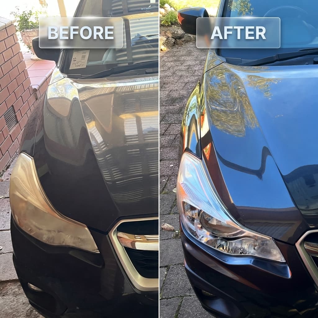 Before and after headlight restoration comparison
